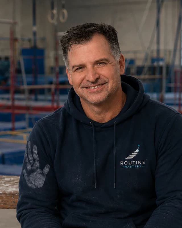 Bret, seated on the gym bleachers in a chalk-marked Routine Mastery hoodie