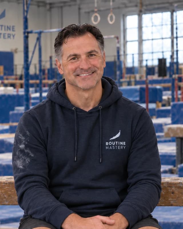 Bret, seated on the gym bleachers in a chalk-marked Routine Mastery hoodie