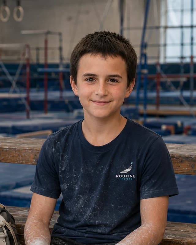 Lukas, seated on the gym bleachers in a chalk-dusted Routine Mastery shirt