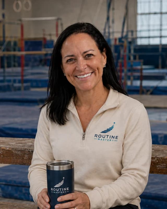 Robyn, seated on the gym bleachers holding a Routine Mastery tumbler