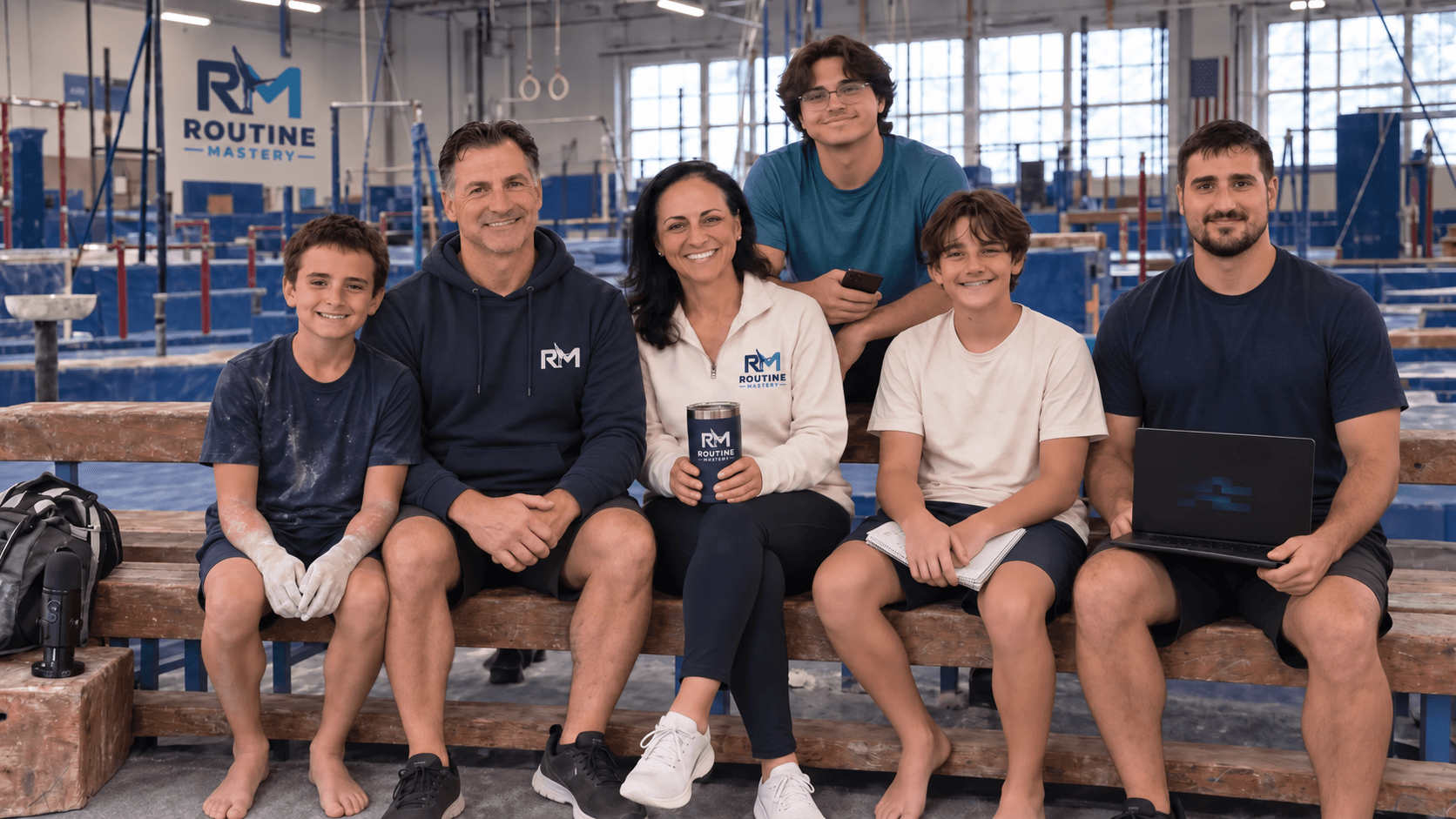The Routine Mastery family seated together on the bleachers of a gymnastics gym