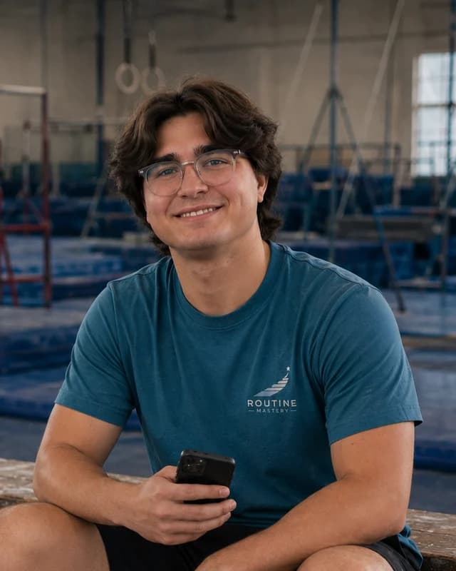 Tyee, seated on the gym bleachers holding a phone