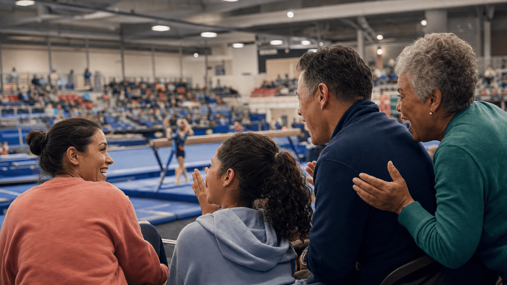 A family leans forward together to cheer at a gymnastics meet.