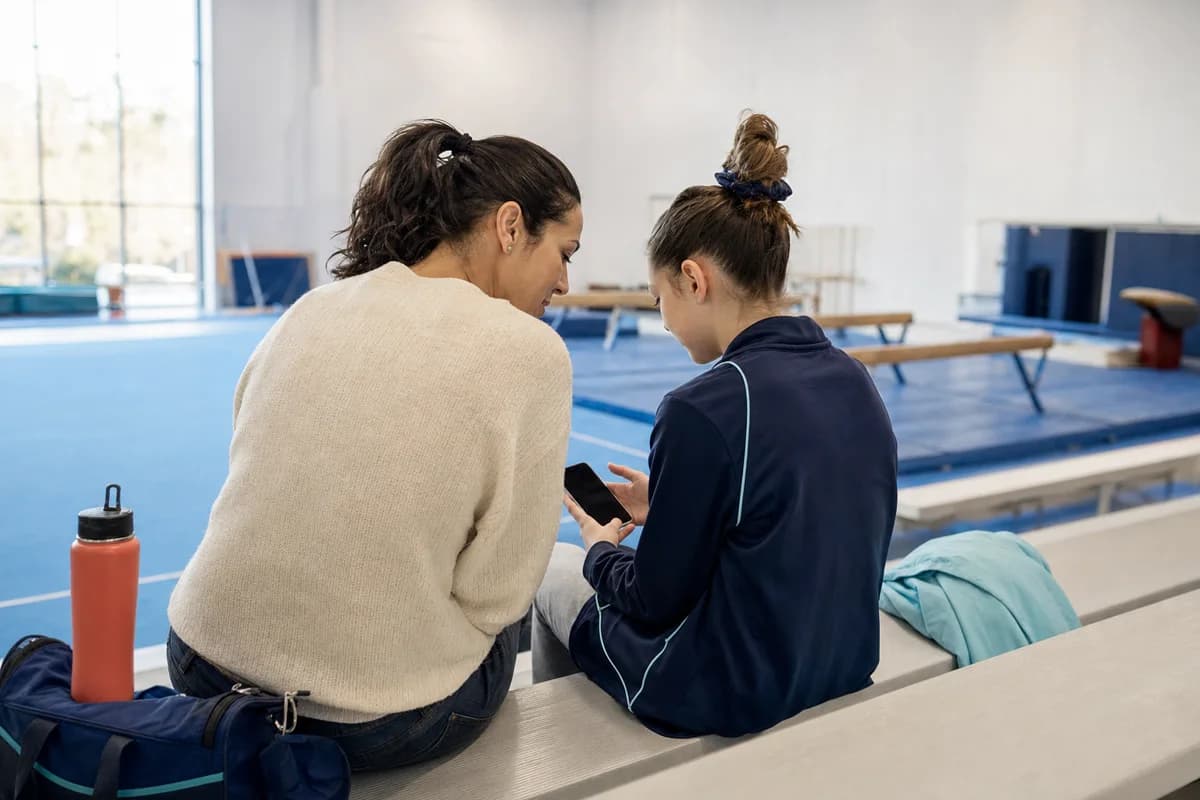 A gymnast and her parent sit together in the gym and review a phone between routines.